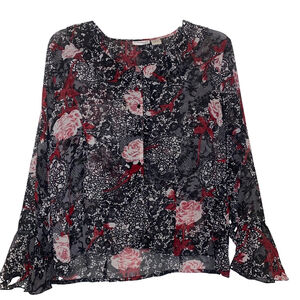 Women's Claudia Richard Sheer Black and Red Rose Abstract Blouse Size XL